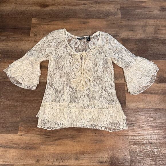 VTG Y2K Sheer Lace Cream Floral Ruffle 3/4 Bell Sleeve Boho Top Fairy Festival - Picture 1 of 8